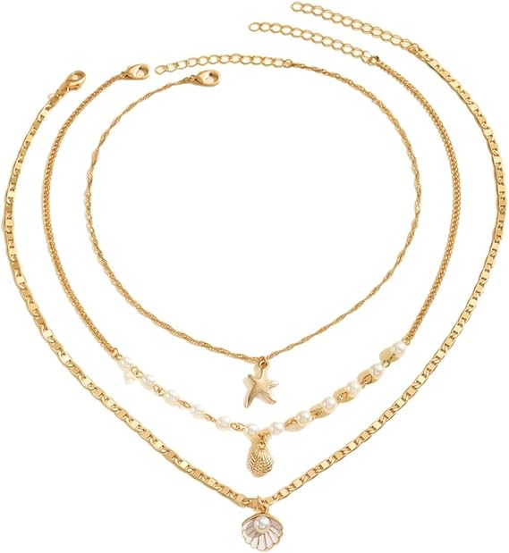 Layered Gold Shell Necklace for Women, Starfish Pearl Choker, 14K Gold Plated Stackable Neck Chain