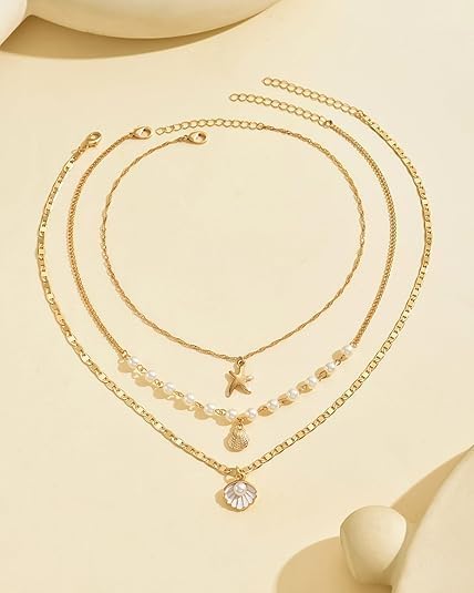 Layered Gold Shell Necklace for Women, Starfish Pearl Choker, 14K Gold Plated Stackable Neck Chain